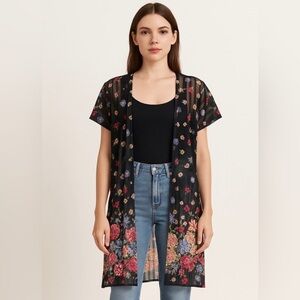 Vintage 90s Sears Place de la Mode Sheer Floral Kimono Cardigan Boho Goth Size 9